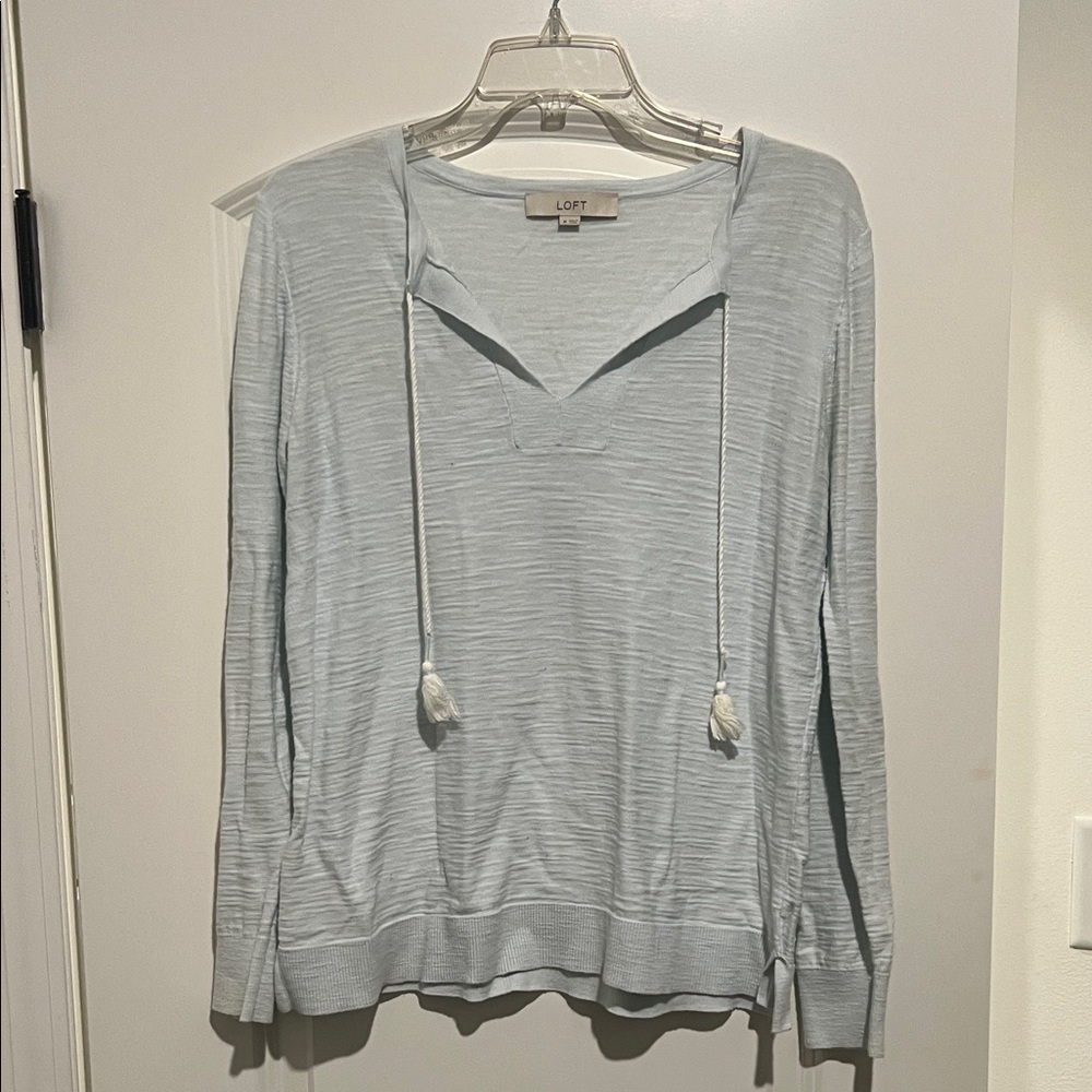 LOFT Pale Blue V-Neck Drawstring Hoodie Sweater